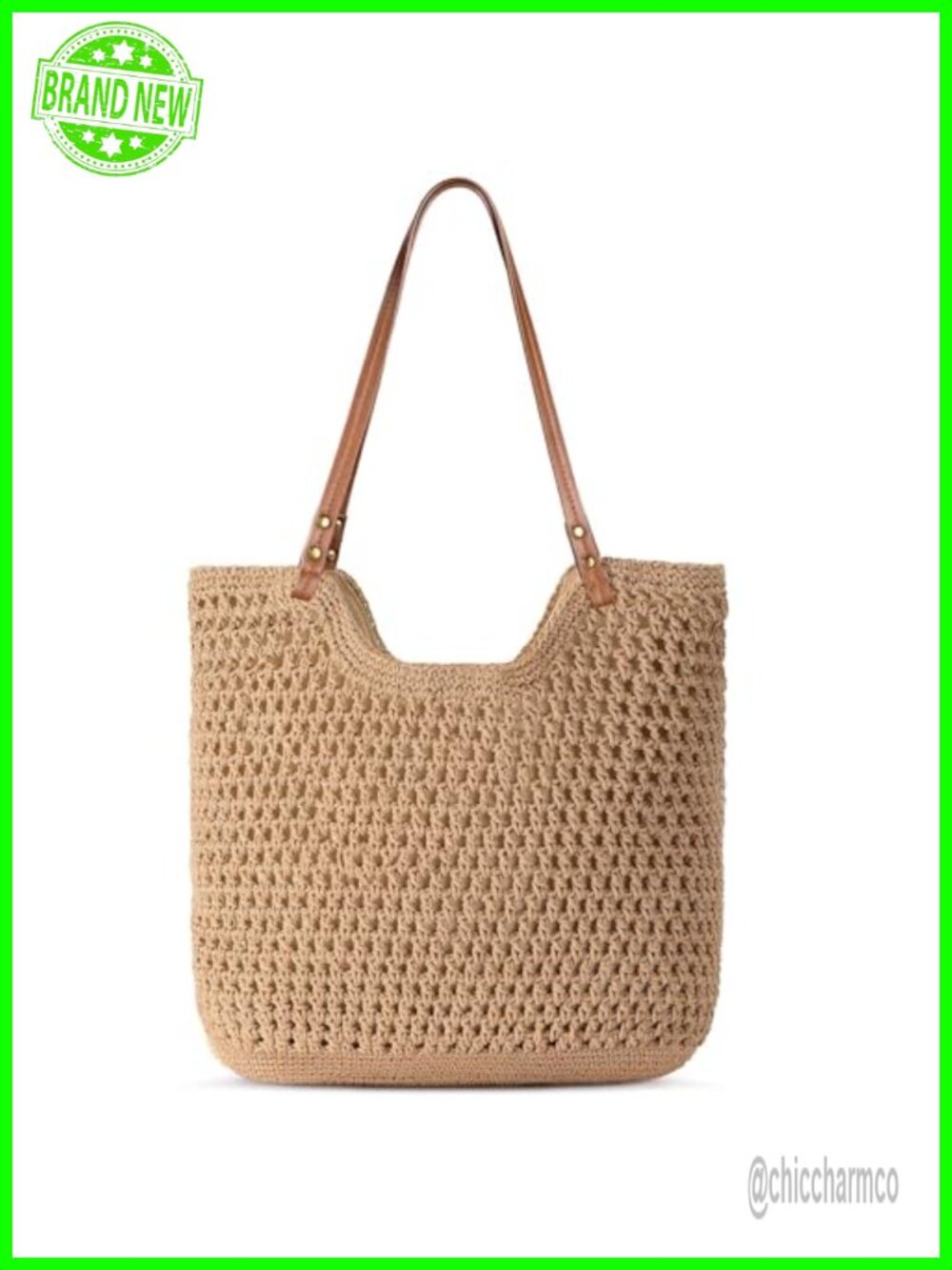 Woven Crochet Beach Tote Bag Polyester Faux Leather Strap Summer Shoulder Purse